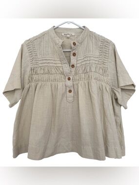 Solitaire Natural Beige Pintuck Button Front Blouse